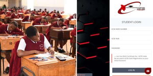 A collage of students sitting for KCSE (left) and the KUCCPS login tab (right)