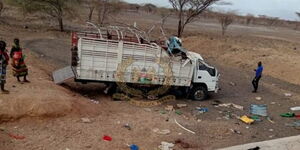 A photo of the wreckage of the lorry that overturned along the Lodwar-Kakuma highway on Saturday, February 4, 2023