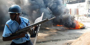 A riot police officer in Majengo slums, Mombasa County on August 28, 2012.