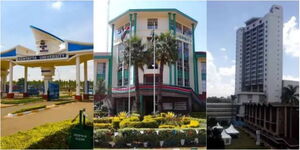 Left to right: Kenyatta University entrance, Moi University building and Nairobi University towers