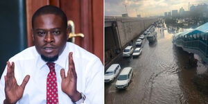 A photo collage of Nairobi Governor Johnson Sakaja speaking at a meeting (left) and floods along Mombasa Road on March 23, 2023.