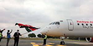 Transport Cabinet Secretary (CS) James Macharia flagging off a Kenya Airways flight on July 15, 2020.