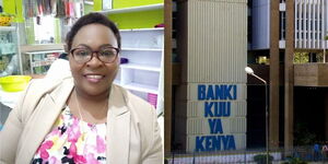 A photo collage of the newly appointed KDIC acting CEO Hellen Chepchumba Chepkwony and Central Bank Office