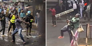 A photo collage of a man hurling a stone during the March 20, 2023 demonstrations and a photoof a man destroying a road signage. 