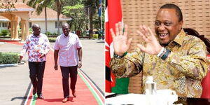 A photo collage of Deputy President Rigathi Gachagua(left), President William Ruto(middle) and former president Uhuru Kenyatta(right)