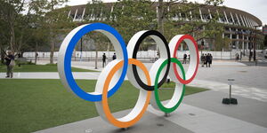 World Olympics logo outside a stadium in Japan