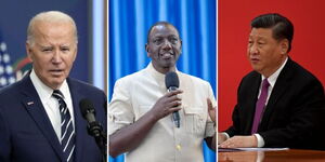 A photo collage of US President Joe Bide (left) , Kenyan President William Ruto ( centre ) and China President Xi Jinping