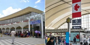 A collage of travellers at the JKIA (left) and others at an airport in Canada (right)