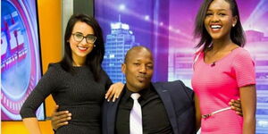 A photo of sports journalist Tony Kwalanda (centre) with colleagues Shiksha Arora and a former K24 colleague in 2018.