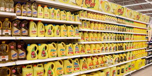 An aisle of cooking oil in a Kenyan supermarket.