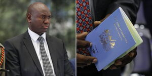 Immigration PS Julius Bitok at a press conference on May 31, 2023 (left) as a sample of a Kenyan passport.