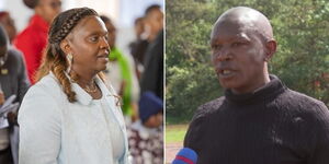 A photo collage of Pastor Dorcas Rigathi at a church function in Kiambu County on November 19, 2023 (left) and former senior KTN political reporter Johanna Chacha speaking to the media during a rehabilitation programme.