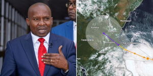 Interior Cabinet Secretary Kithure Kindiki addressing the press on April 22 (left) and movement of the Cyclone Hidaya.