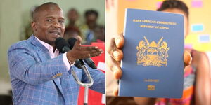 A photo collage of Interior Cabinet Secreatry Kithure Kindiki speaking at a church event on May 28, 2023 (left) and a woman holding a Kenyan passport in her hand (right).