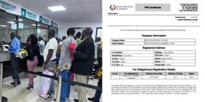 Kenyans seeking NTSA services in 2023 (left) and a sample of a KRA PIN certificate.