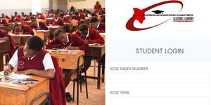 A photo collage of KCSE students sitting national examinations in 2021 (left) and a screengrab of the KUCCPS student log in portal (right).