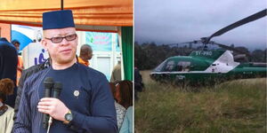 Government Spokesperson Issac Mwaura (left) and the chopper that had to make an emergency landing on May 7, 2024.