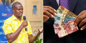 Kiharu MP Ndindi Nyoro speaking in Kwale County on April 26, 2024 (left) and the new currency notes.