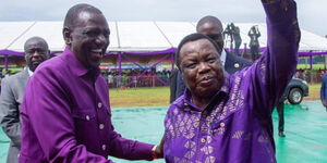 President William Ruto joins COTU Secretary General Francis Atwoli at Uhuru Gardens for Labour Day celebrations.