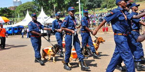 Private security guards with security dogs during the 2019 Labour Day celebrations
