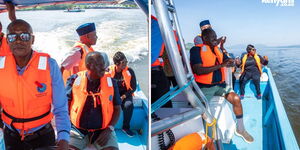 Raila Odinga goes on a boat ride on Lake Victoria in July 2023.