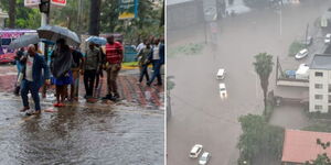 Nairobi residents crossing a flooded road in the CBD (left) and floods in Parklands estate.