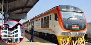 SGR Train stops at a station and an image of the Standard Group Headquarters in Nairobi