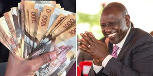 A photo collage of thousand notes Kenyan Shilling and President William Ruto 