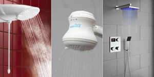 A photo collage of different types of shower heads available in Kenya.