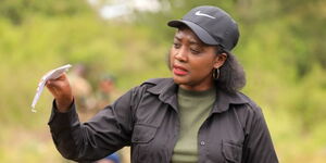 Environment CS Soipan Tuya speaking during her visit to Ololua Forest in Kajiado County on March 3, 2024.