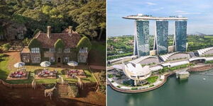 The Giraffe Manor Hotel in Kenya (left) and the Marina Bay Sands Hotel in Singapore.