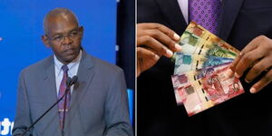 A photo collage of CBK Governor Kamau Thugge speaking during the Africa Climate Business Forum on November 3, 2023 (left) and former CBK Governor Patrick Njoroge holding bank notes.