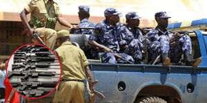 A photo collage of Ugandan-based officers and military-grade weapons.