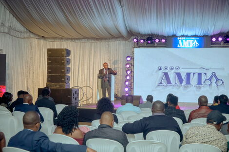 Engineer Michael Muchiri from the State Department of Transport and Infrastructure addresses the audience during the AMTA media launch held at Kenya Railways headquarters on Tuesday, May 31, 2022.