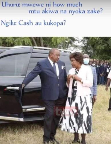A meme resulting from a viral photo of President Uhuru Kenyatta (left) and Kitui Governor Charity Ngilu
