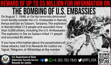 A notice announcing reward for information on Nairobi Embassy bombers