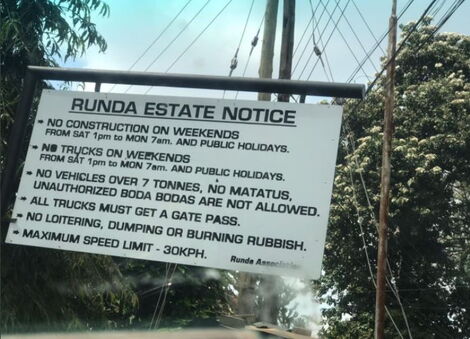 A signpost spelling out rules for access to Runda Estate in Nairobi.