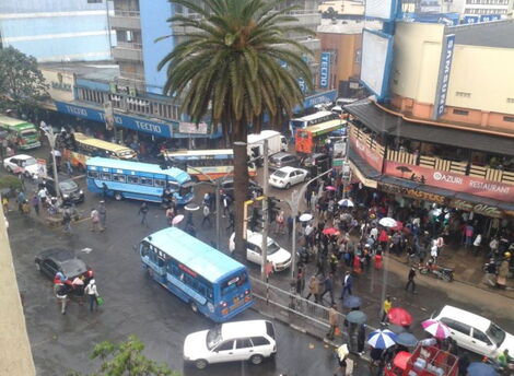 Aerial view of Kenyatta Avenue and Moi Avenue junction in Nairobi CBD.