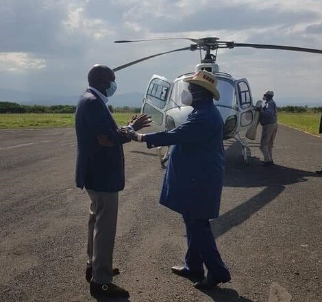 Baringo Senator Gideon Moi (Left) and COTU Secretary General Francis Atwoli pictured on the airstrip at the Moi Kabarak home on August 1, 2020.