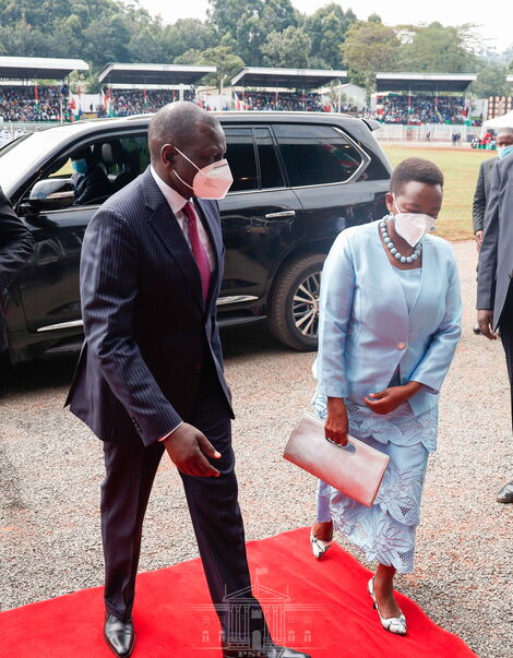 Deputy President William Ruto and his wife Rachel Ruto arriving at the Gusii Stadium for the Mashujaa Day celebrations October 20, 2020.