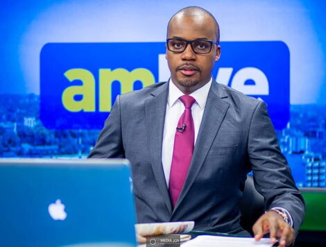 A photo of NTV News Anchor Edmond Nyabola on set.