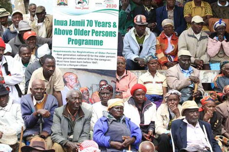 Elderly people follow during the launch of Inua Jamii cash transfer programme in Nyeri in 2017.