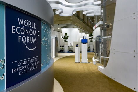Entrance to World Economic Forum building in Geneva, Switzerland.