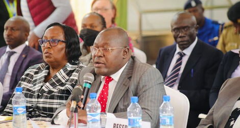 Eliud Kinuthia, NPSC chairperson (centre) addresses the prevailing situation of police officers in Kerio Valley on Saturday, February 11, 2023. 