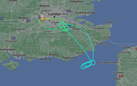 A screenshot of a Nairobi-bound plane's flight track, as it was forced to make an emergency landing at Heathrow Airport, London. 