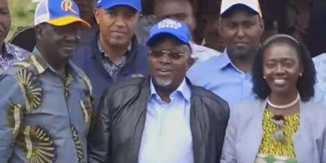 From left Azimio One Kenya leader Raila Odinga, and Narc Kenya party ex-UDA National Vice Chairman Kipruto Arap Kirwa ( second fromleft) attending an Azimo rally at Mayuba Stadium in Sirisia, Bun