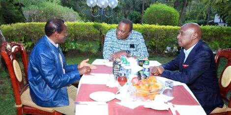 From left Kalonzo Musyoka Uhuru Kenyatta and Gideon Moi at the Wiper Party leader's Karen residence on March 18, 2022..jpg