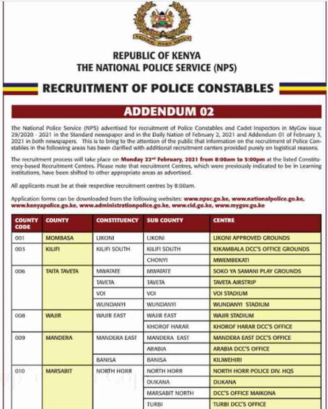 Kenya Police notice on changes in constable recruitment process