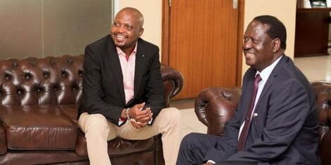 Gatundu South MP Moses Kuria together with Raila Odinga at his Capital Offices in Nairobi County.