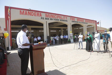 Mandera Governor speaking during the launch of Mandera fire station.